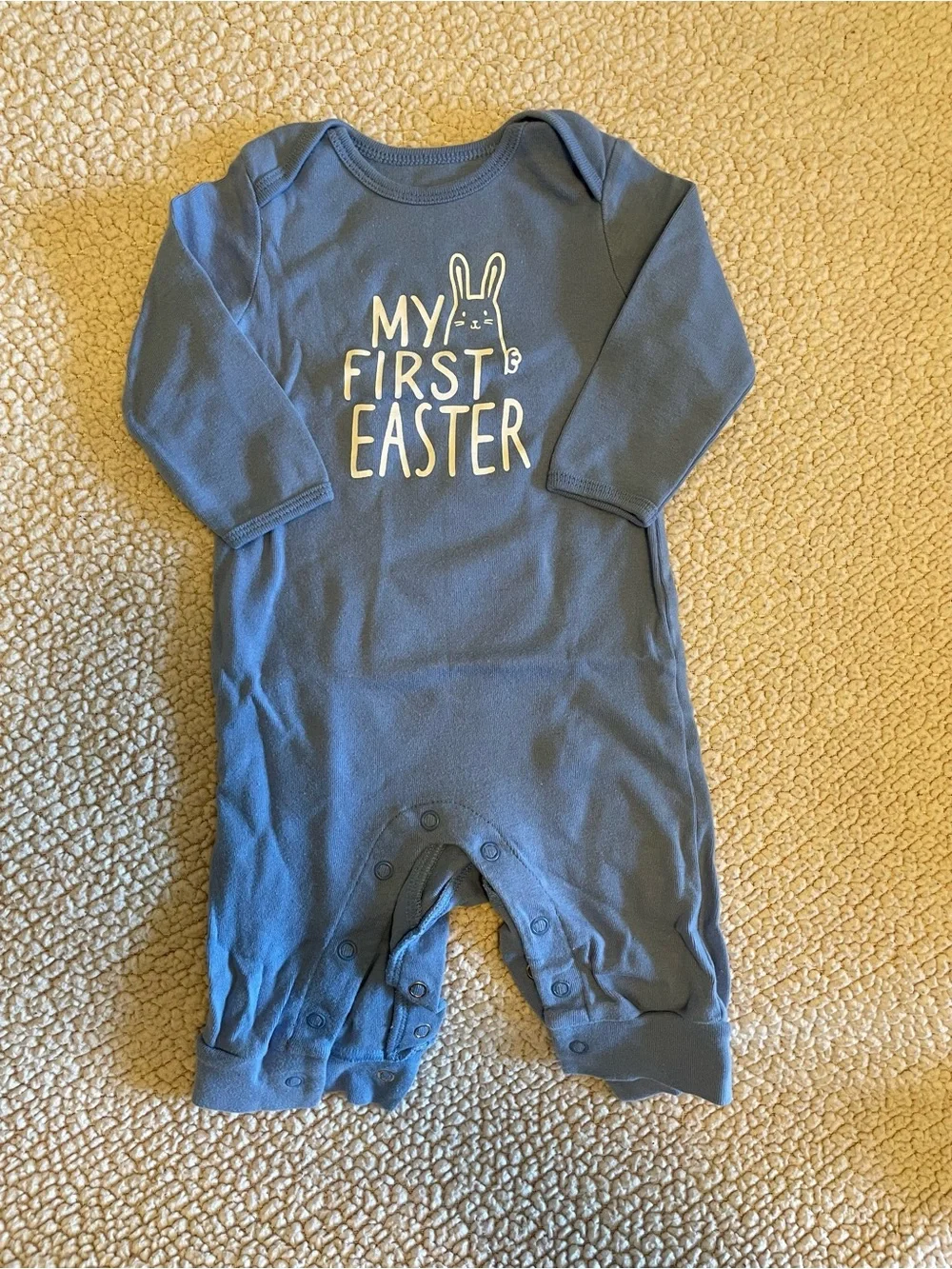 My First Easter Blue Baby One-Piece Romper. Size 6 months